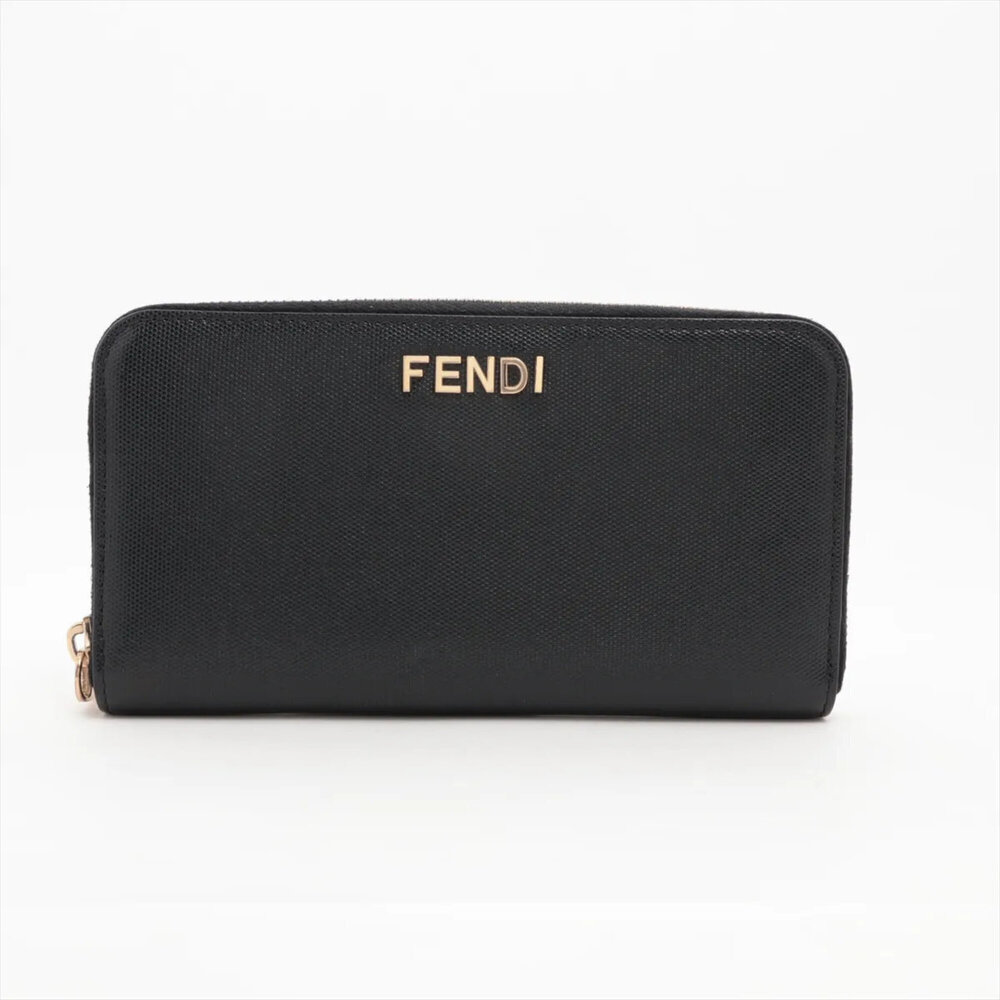 Fendi 8M0024 Leather Long Wallet, Round Zipper, Black, Women's